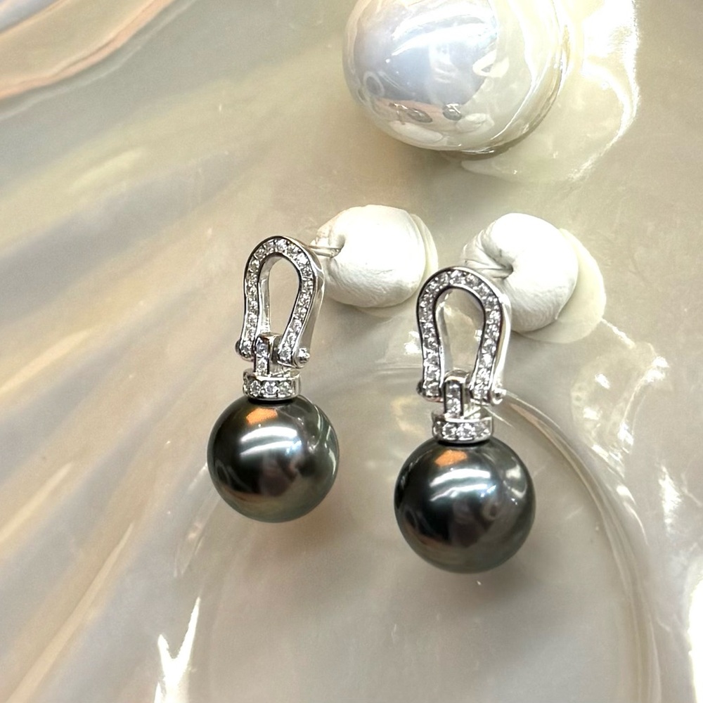 EPT16 Australian Tahitian Charcoal 10-11mm Pearl Horseshoe Earrings 18K WG S925 - Picture 10 of 16